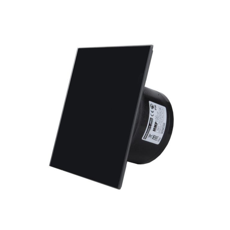 Quiet home exhaust fan with decorative panel MMP 100, 100 m³/h, glass, black gloss